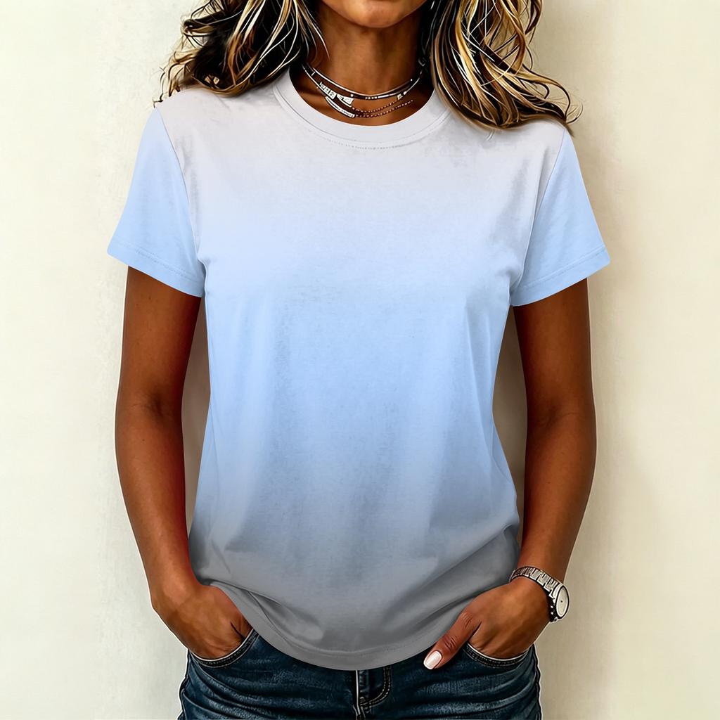 Women's Casual Pullover Short Sleeve T Shirt Gradient Color Crew Neck Top Lightweight Soft Fabric Summer Basic Tee