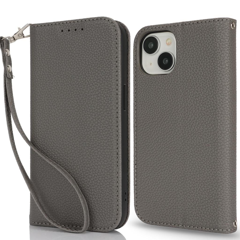 Stand Case for iPhone 15 Litchi Texture Leather Flip Phone Cover with Strap/Wallet