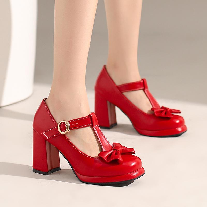 Buty Mary Jane Princess Lolita Damskie Szpilki Różowe Białe Kokardka Damskie Platforma Obcas Moda Czółenka Buty Imprezowe Rozmiar 33-43