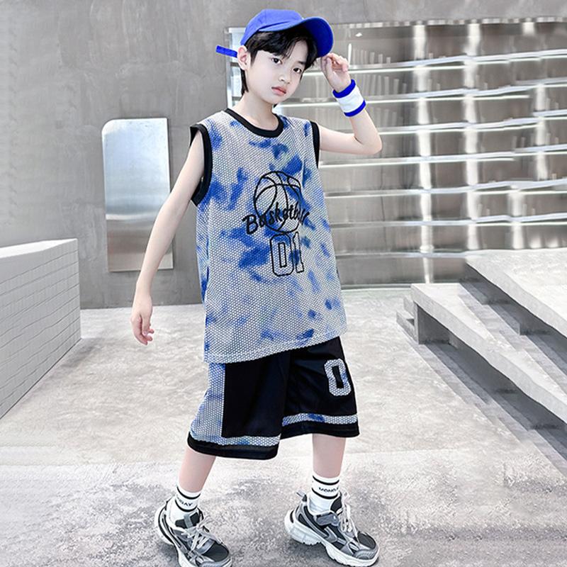 Boys Summer Quick Dry Basketball Vest Suit 5-14 Years Fashion Sleeveless T-shirt + Shorts 2-piece Kids Thin Sports Set