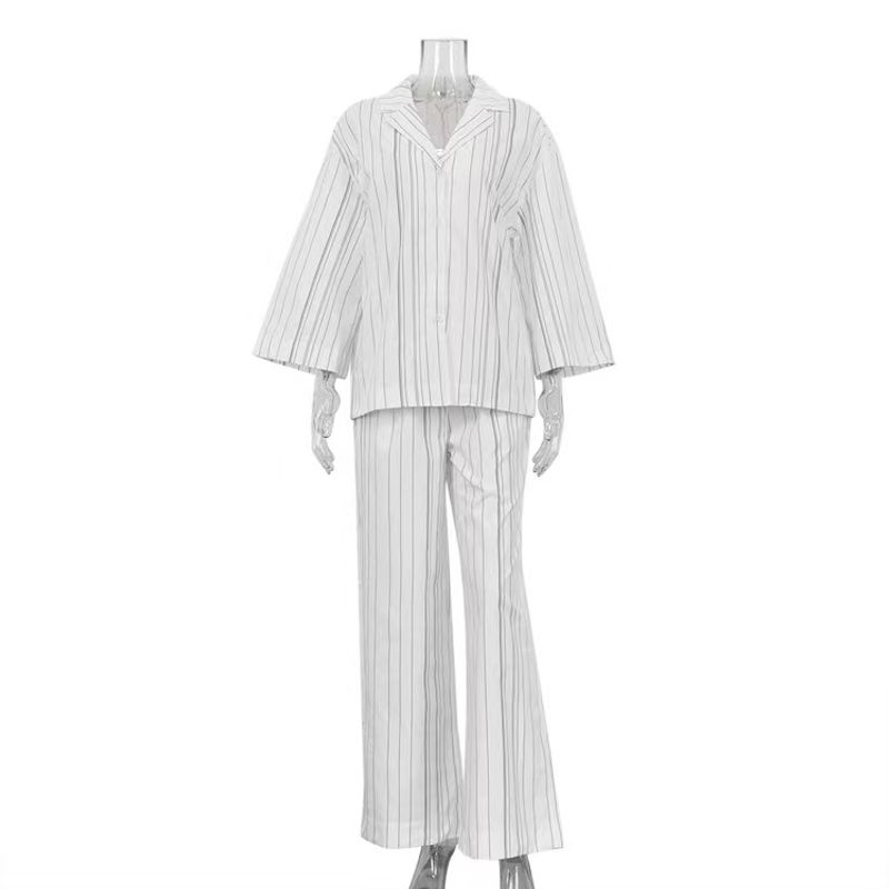

Fashion Style New Arrival Fashion Loose Stripes Shirt Loose Pants Suit Shirt and Pants Suit Set White L