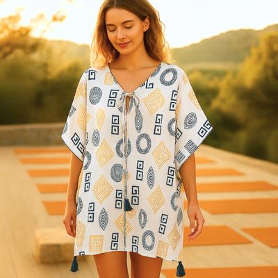 Kaftan, Greek Motif Gold Blue Handpainted One Size