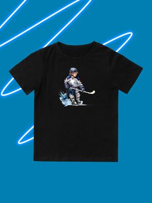 Round Neck Printed Pattern Pullover Short Sleeve Kids Tops Little Ice Hockey Player