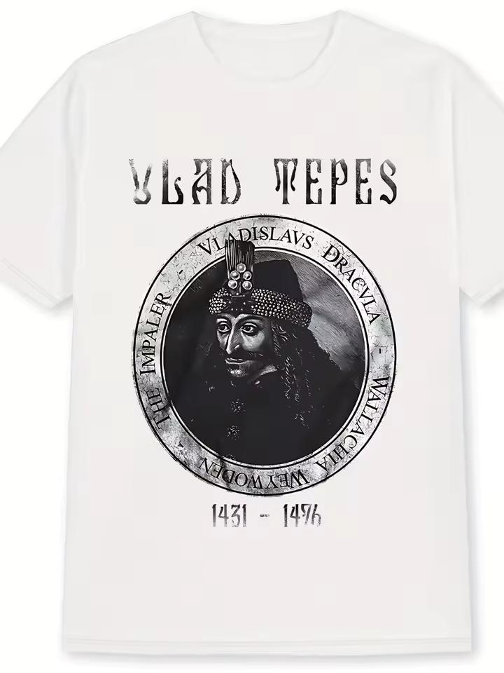 Men's Vlad the Tepes Historical Illustration T-Shirt - Romanian Dracula Style Design Couple Casual Loose Streetwear Shirt