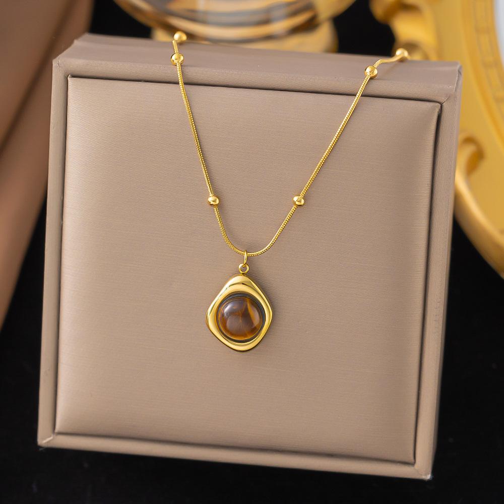Natural Stone Titanium Steel Pendant Necklace Rhinestone Flower Oval Gold Color Charm Sweater Chain  for Women