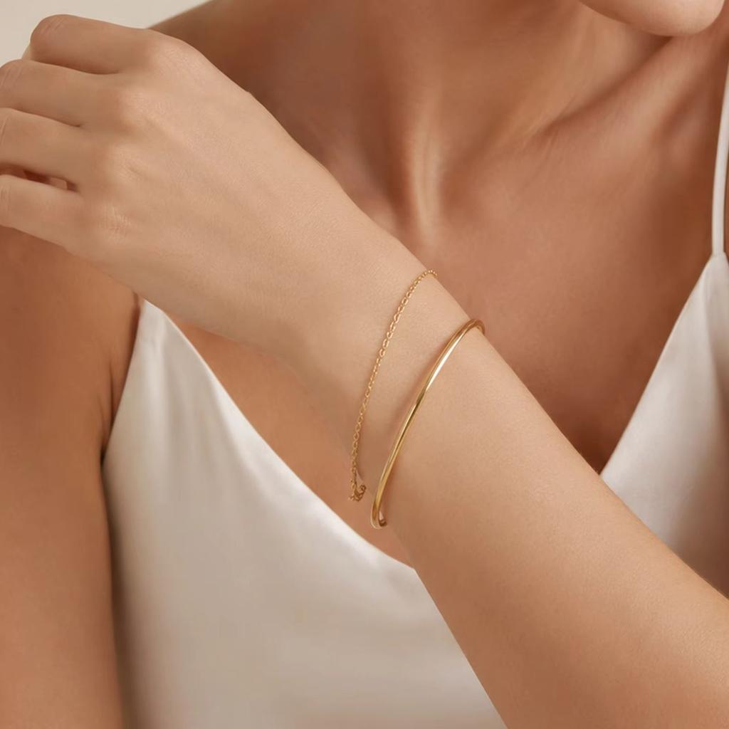 Chic Simple 18K Gold Plated Doule Layer Stainless Steel Bracelet Bangle for Women Non-fading Fashion Elegant Jewelry
