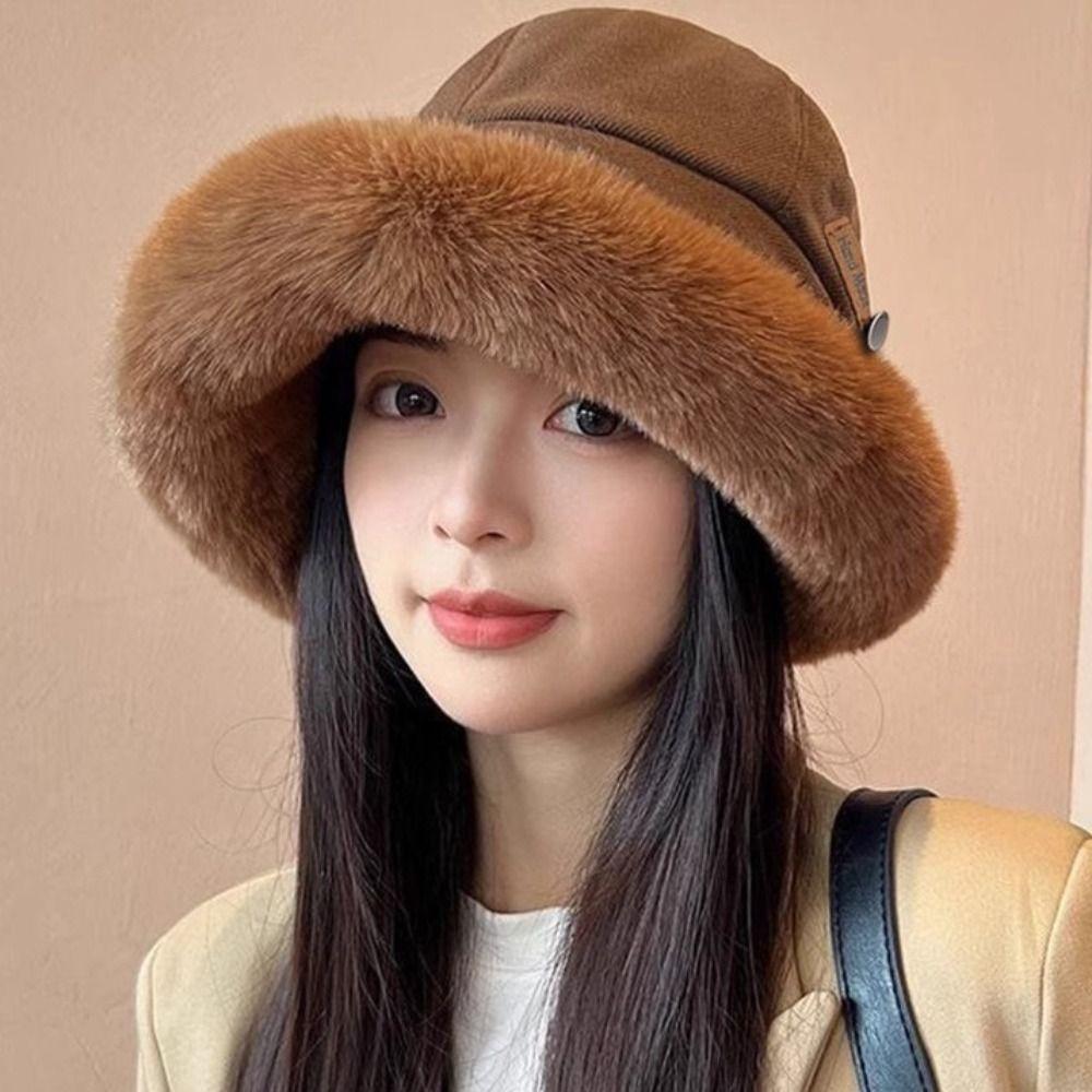 Windproof Fluffy Fur Bucket Hat Soft Warm Cap Cute Winter Fisherman Hat  Outdoor
