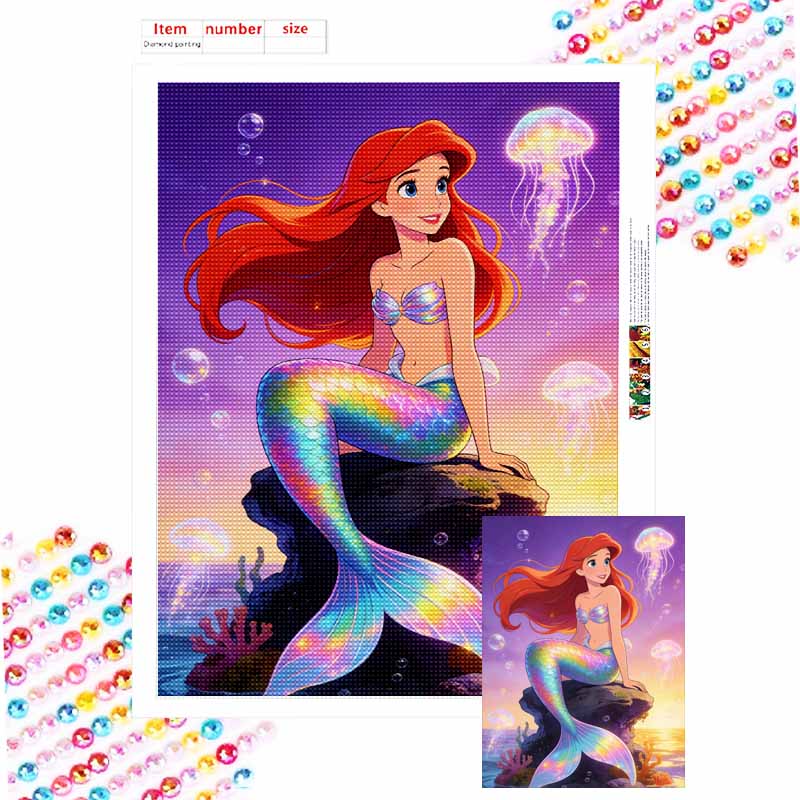 Disney Diamond Painting Kit Mermaid Ariel Ocean Scene Wall Decor Crafts Handmade Gift Round 20x30cm