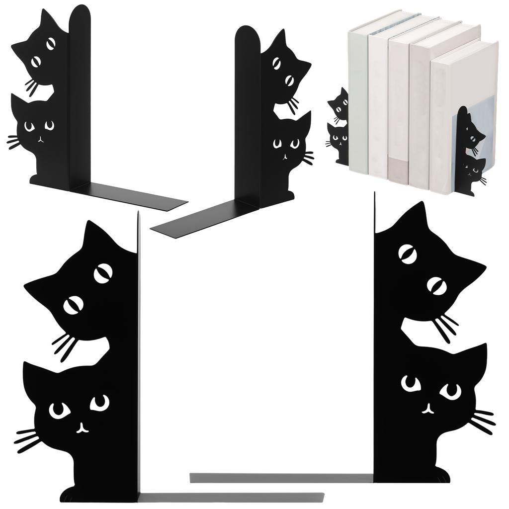 2 Pairs Desktop Peeping Cat Metal Bookends Set Cute Black Cat Book Holder Decorative Black Cat Book Ends for Bookshelf Office