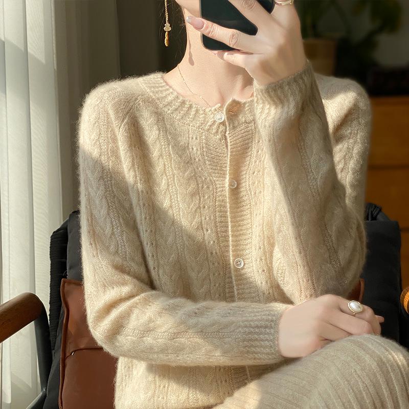Cardigan tricotat cablu ajurat din lână 100% pentru femei - Croială lejeră pentru toamnă/iarnă