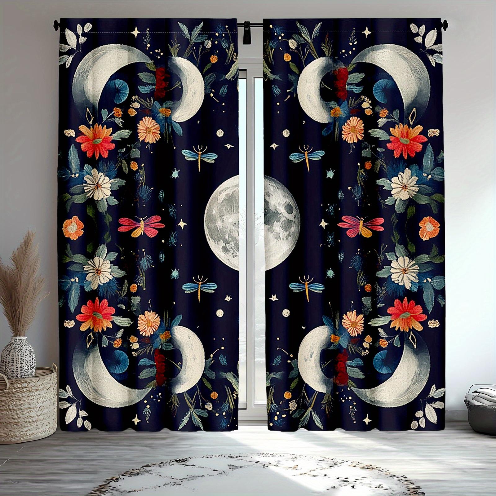 2pcs Boho Moonlit Embroidery Curtains - Vibrant Floral & Celestial Design with Butterflies, Dragonflies, and Stars, Polyester Ro 60×150