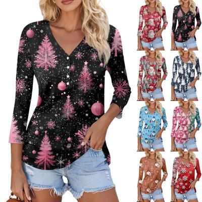 Damen Casual Mode Sexy Bequem Weihnachts-Print V-Ausschnitt Knopf Dreiviertelarm Oberteil