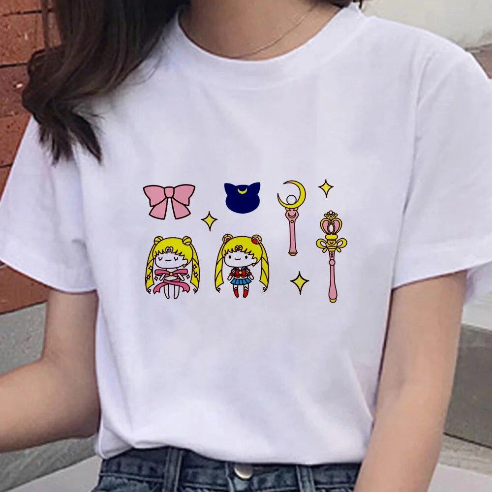 Cartoon Anime Sailor Graphic Moon Print 100 % Baumwolle T-Shirt Mode Goth Girl Kleidung Kurzarm Übergroßes Unisex Frauen T-Shirt Unisex