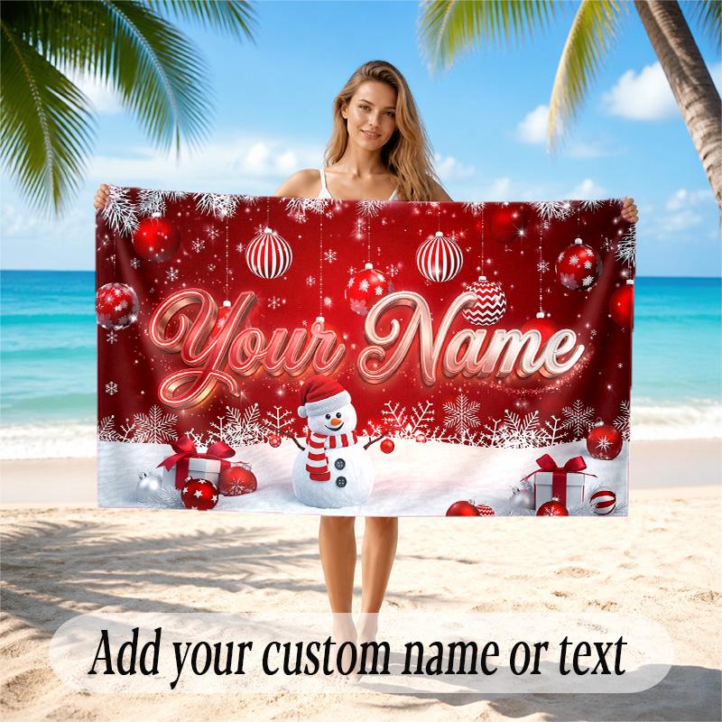 Christmas Theme Quick Dry Beach Towel Custom Name Text Print Large Sand Resistant Towel Beach Vacation
