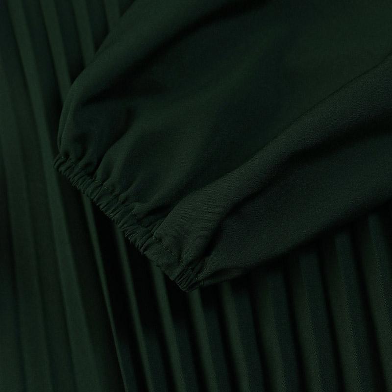 Elegant Muslim Women's Pleated Dress - Solid Color, Round Neck, Long Sleeve