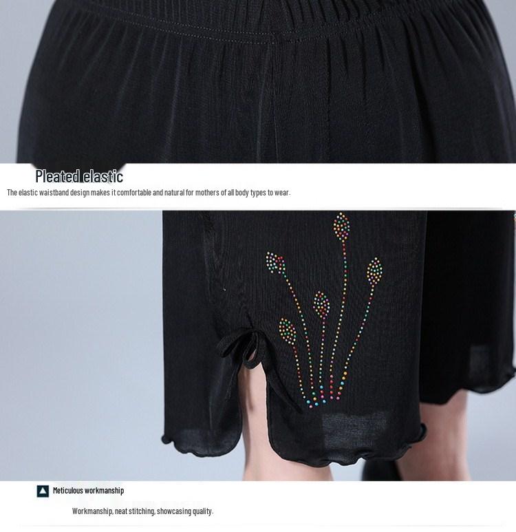 Ice Silk High-Waisted Wide-Leg Cropped Pants with Rhinestones for Women - Plus Size, Summer Casual