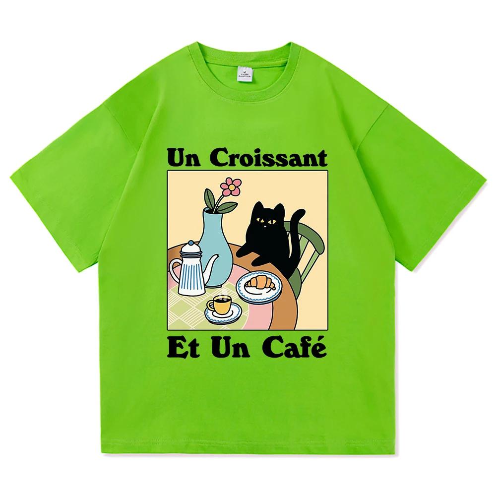 French Cafe Cat T Shirt Fashion Women Summer Funny Letter Un Croissant Et Un Cafe Tshirt High Quality Casual Cotton Tees Shirts