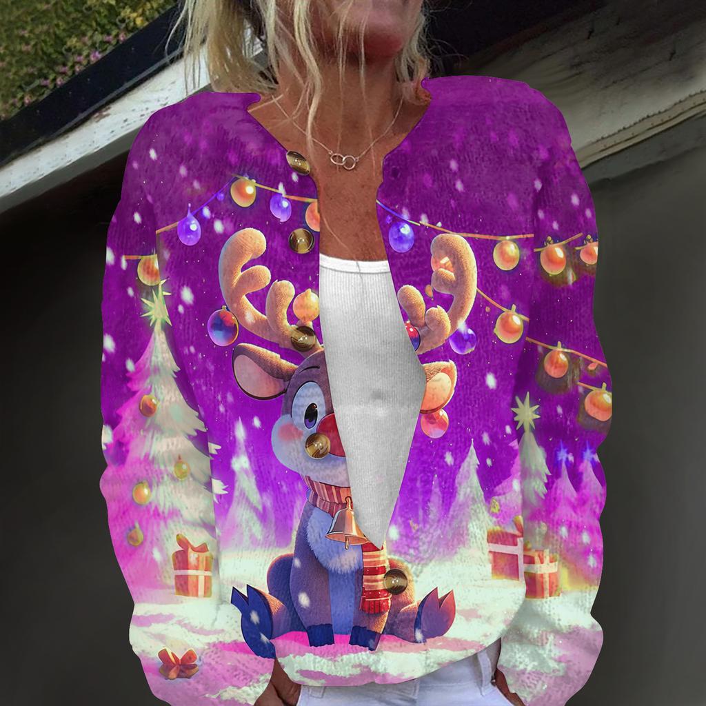 Damenmode, weihnachtlich bedruckt, langärmelig, Strickjacke, Button-Down-Jacke