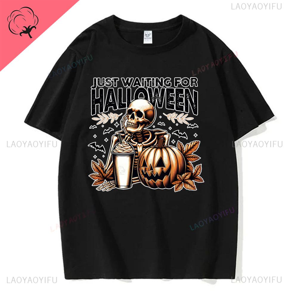 JUST WAITING FOR HALIOWEEN Halloween T Shirts PumpkinCandyBonesSkeletonfunny Halloween Costume Cotton Shirt Graphic T Shirts