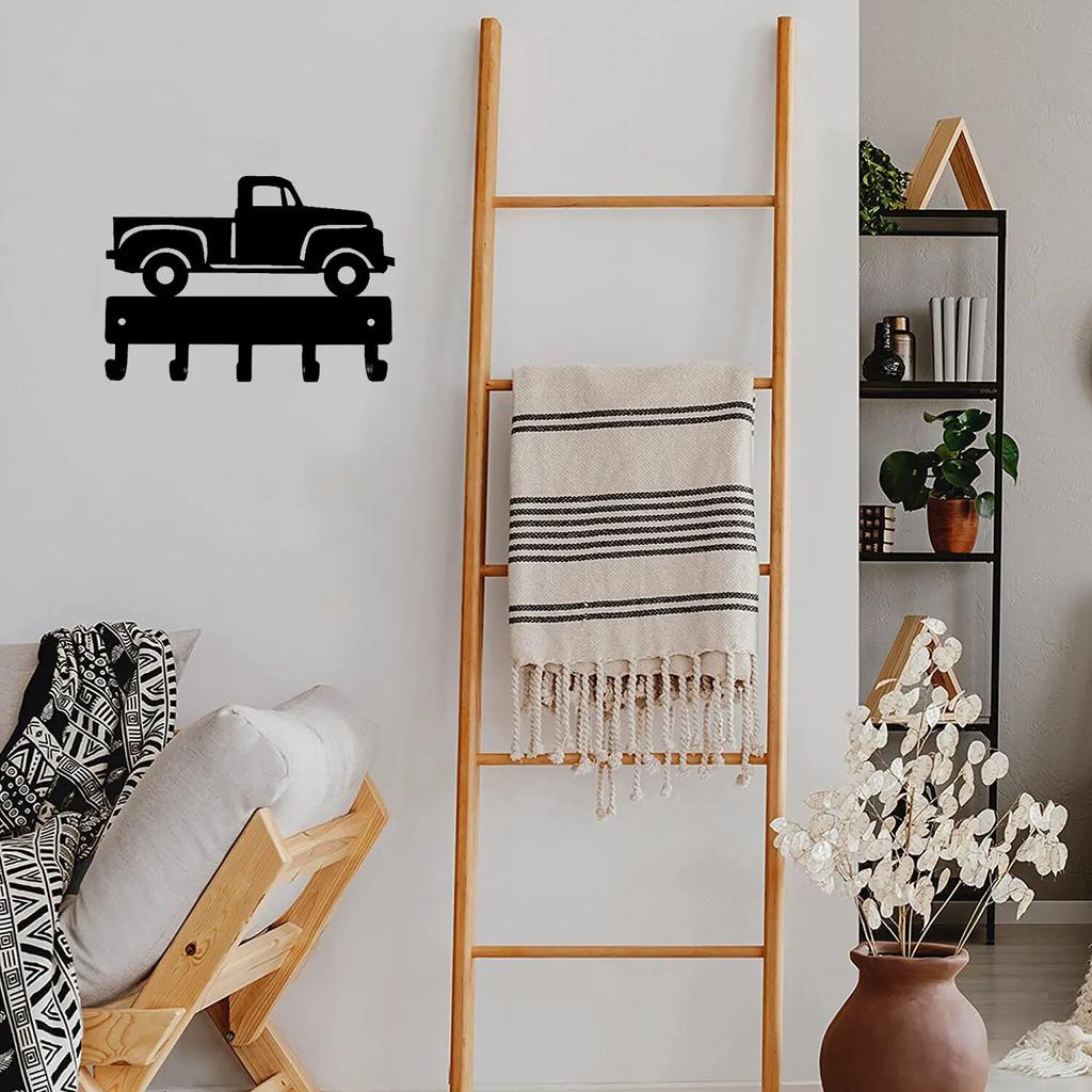 Vintage Pickup Truck Key Rack Hanger - 6 inch Wide Metal Wall Art Wall-mounted, Hooks Organizer for Keys and Accessories