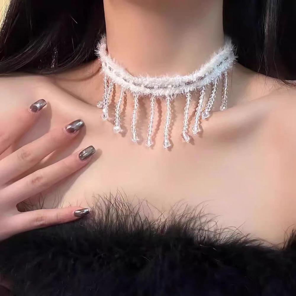 Tassel Christmas Plush Choker Santa Claus Xmas Clavicle Chain Snowflake Rhinestone Necklace  Girls