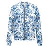 Giacca da donna con cerniera, collo rotondo, stampa floreale/foglia, casual alla moda, a maniche lunghe