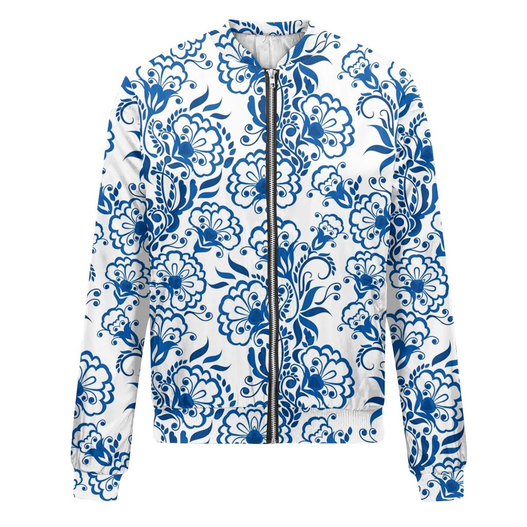 Giacca da donna con cerniera, collo rotondo, stampa floreale/foglia, casual alla moda, a maniche lunghe