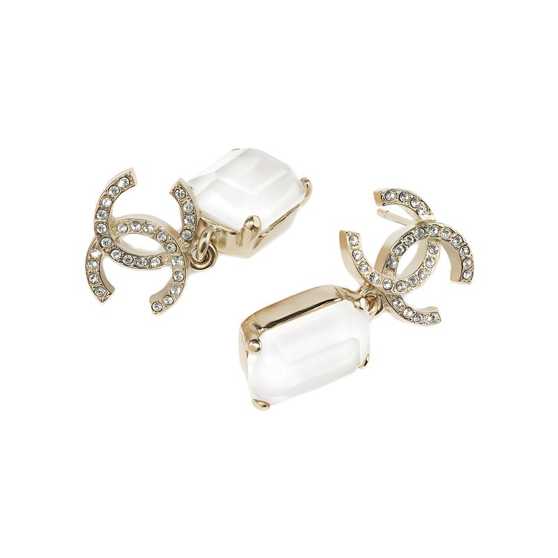 CHANEL Metal Brass Crystal Earrings Women's Gold/White