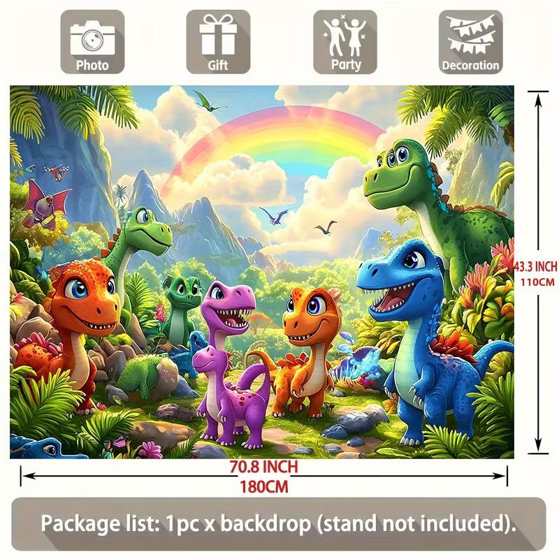 Polyester Cartoon Dinosaur Backdrop, Rainbow Jungle Kids Party Background Banner for Birthday & Baby Shower