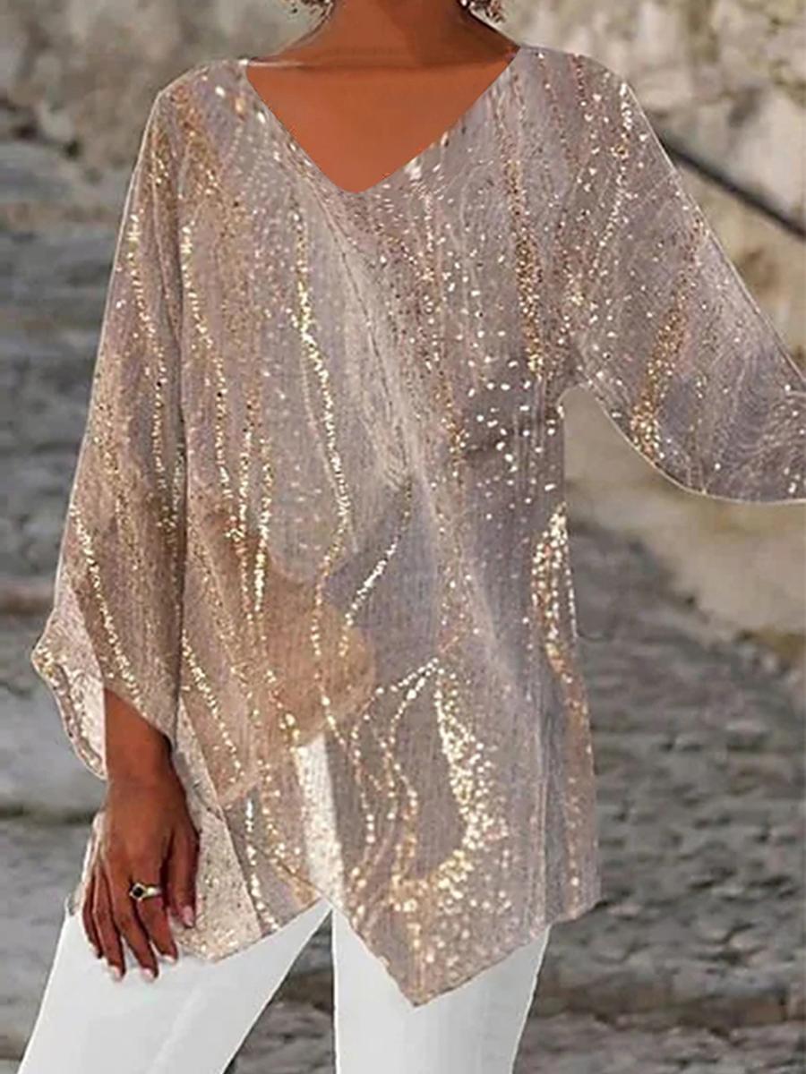 

Женская летняя футболка большого размера, новая, повседневная, свободная, с нерегулярным принтом, с длинным рукавом, топ с V-образным вырезом 5XL золотой