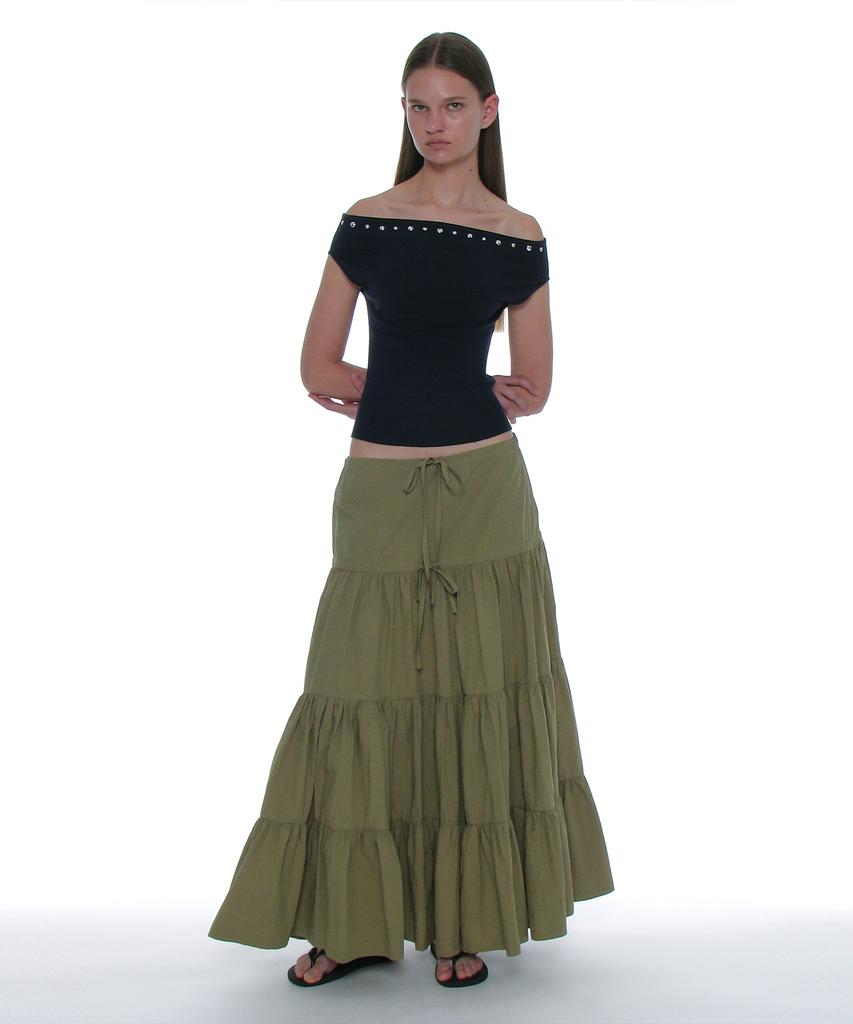 Partimento Woman Bow Strap Shirred Tiered Maxi Skirt_Khaki Green
