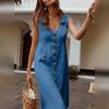 Letnia damska koszula z klapami i dekoltem w serek Sukienka bez rękawów z pojedynczymi piersiami z kieszeniami Solid Color Midi Dress Streetwear