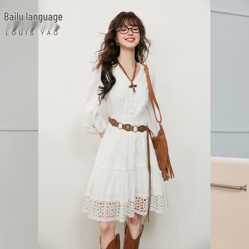 

Bailuyu Элегантное белое А-силуэтное платье с кружевом и V-образным вырезом S