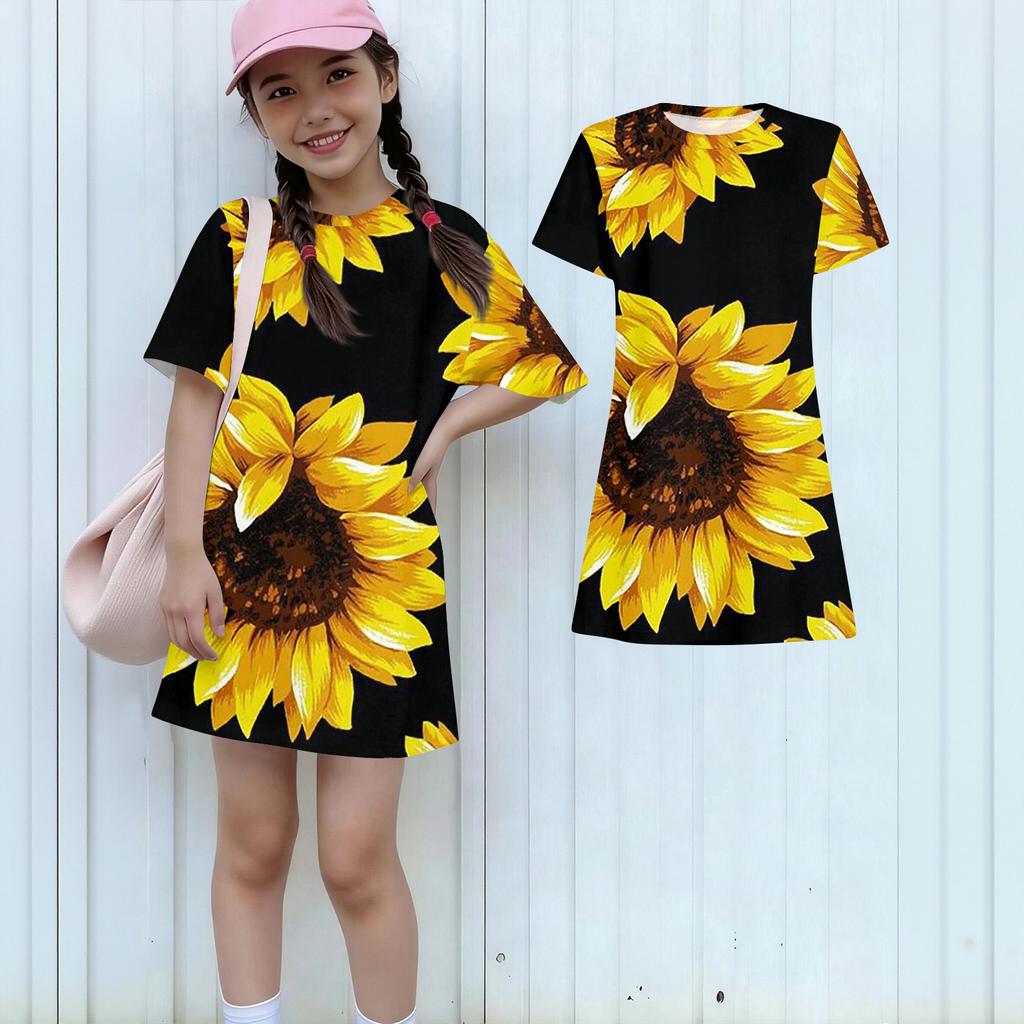 Girls Print Casual Dress Kids Loose Round Neck Short Sleeve Thin Sundress