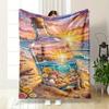 Lighthouse In Bottle with Beach Sunset Design Flannel Blanket for Bedroom, Living Room, Sofa, and Nap