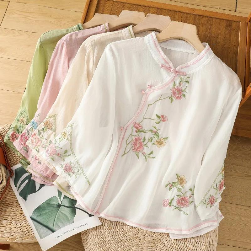 Cotton Linen Women's Shirt Summer Embroidery Chinese Style Blouses Vintage Short Women Tops Trend Loose Clothing