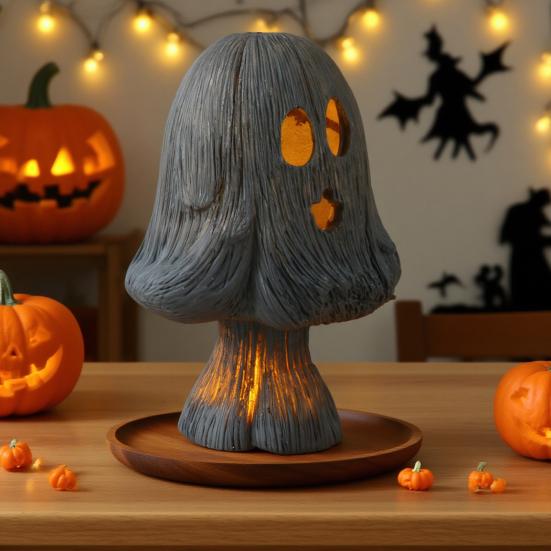 Halloween Mushroom Light Spooky Ghost Mushroom Night Light Resin Table Lamp with Warm Light for Home Mantel Shelf Tabletop Indoor Decor