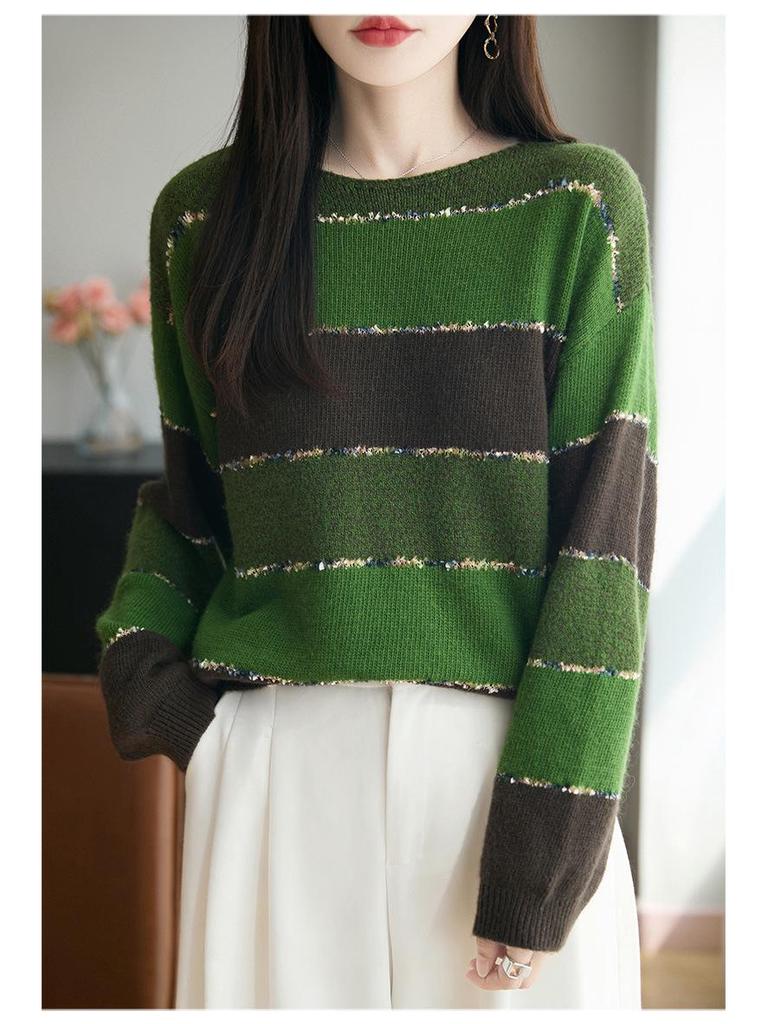 Dámský pletený svetr s kulatým výstřihem a barevným blokovým pruhem ve velkých velikostech - Dlouhý rukáv, volný střih na podzim/zimu.