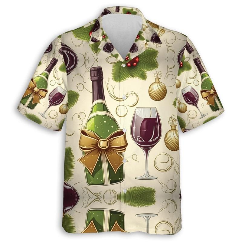 ETST51 3D Print Mousserende Wijn Grafisch Hawa&iuml;aans Shirt Voor Mannen Zomer Korte Mouw Champagne Knopen Beach Shirt Mannen Blouse Tops 2XL