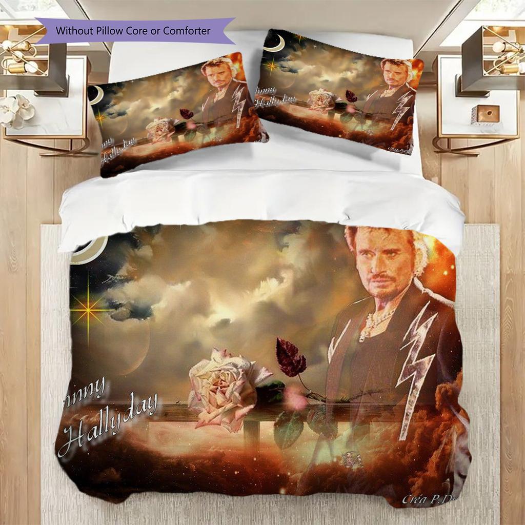 Johnny Hallyday Three-piece set (1 * duvet cover + 2 * pillowcase, without core) 2D Flat Christmas birthday gift Soft and comfortable Bedding set
