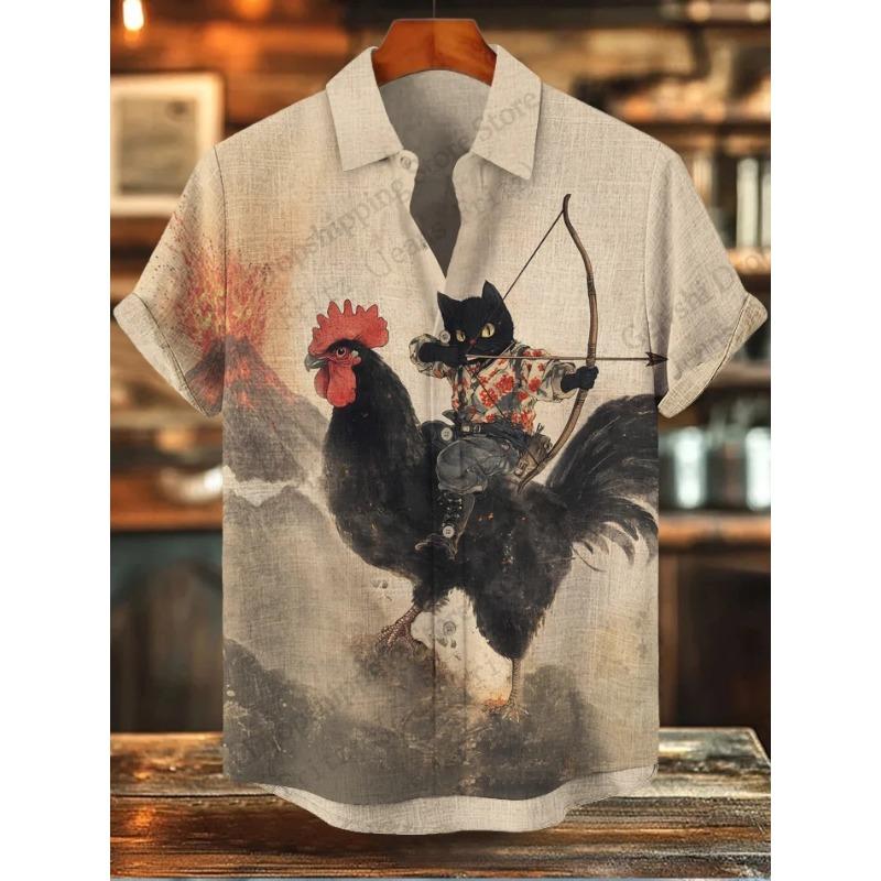Fashion New Mens Summer Hawaiian Shirt Dinosaur Rooster Cat 3d Print Shirt Short Sleeve Casual Beach Shirts Vintage Blouse