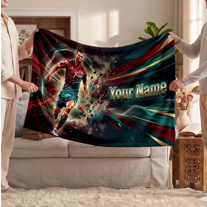 Cristiano Ronaldo Personalized Fleece Blanket With Football Logo, Custom Name Text Soft Warm Home Throw Blanket