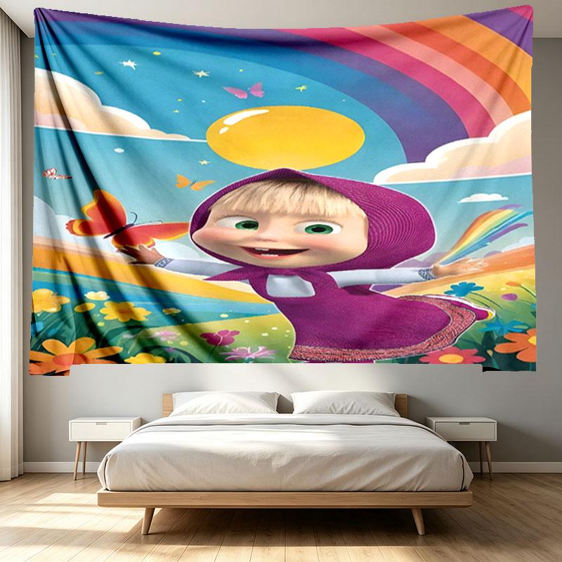 Masha and The Bear Print Tapestry - Portable Wall Decor Cloth, for Home, Dorm, Travel, Bedroom, Living Room - Ideal Birthday Housewarming Gift