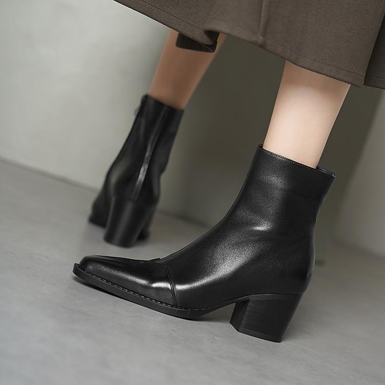 Premium Retro Brown Thick Heel Pointed Short Boots Women's 2025 Autumn and Winter Side Zipper Splicing Genuine Leather Chelsea Boots