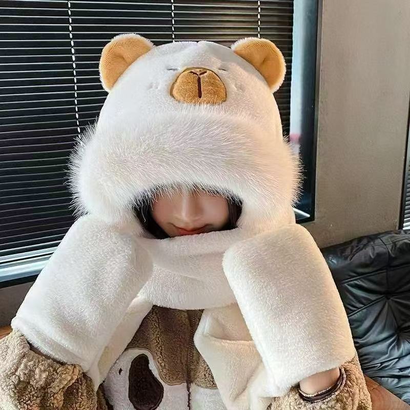 Super cute capybara hat scarf gloves integrated hooded scarf warm cute plush two-in-one hat