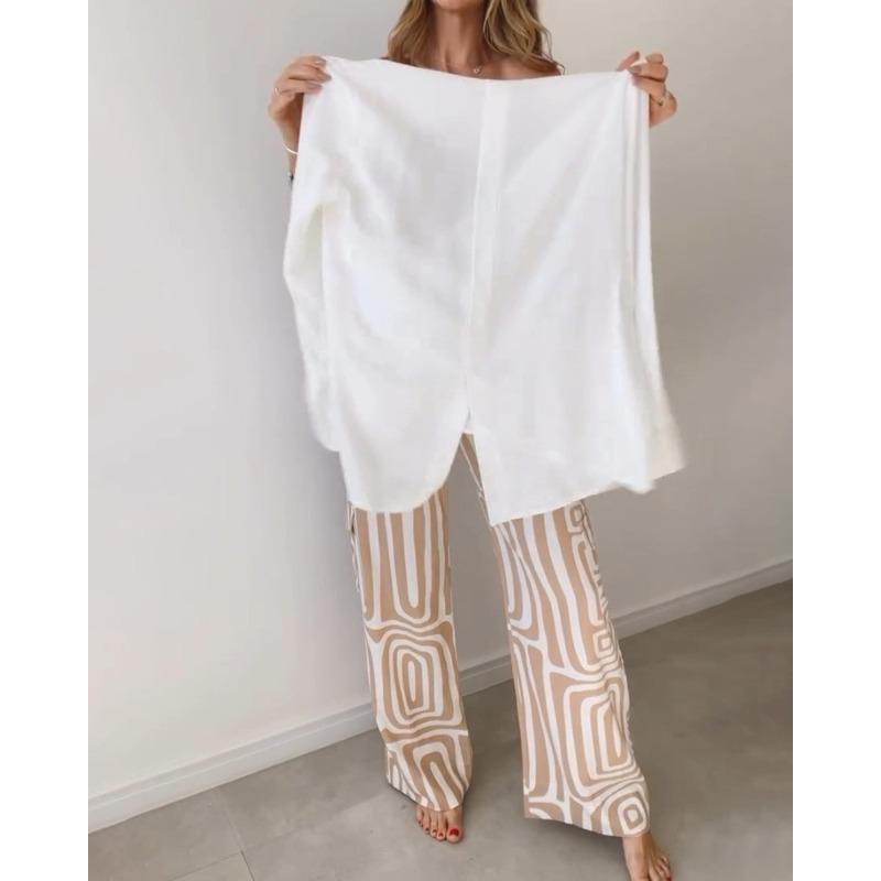 QICED Costumes pantalons pour femmes Mode Décontracté Couleur Unie Imprimé Manches Longues Col Polo