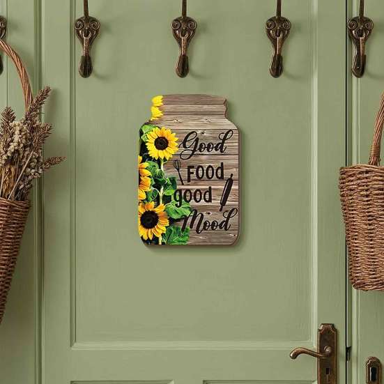 Artistic Wall Decor Panels Mason Jar Shape Decoration, Wooden Art with Sunflower Print, Restaurant Ornaments Retro Rustic Hanging for Farmhouse