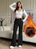 Damen Übergröße Samt Schwarz Hohe Taille Micro Flare Yogahose - Schlankmachend, Elastisch, Winter