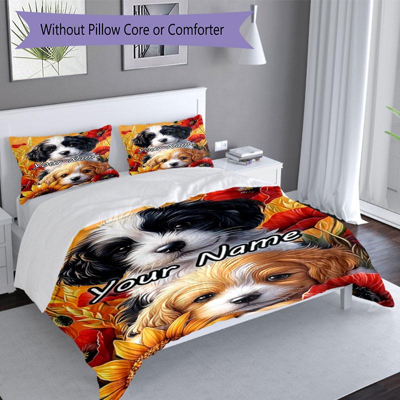 3pcs Custom Name Puppies Amidst Vibrant Blooms. Bedding Set Printed Bedding Set Duvet Cover Closure Includes 1 Duvet Cover & 2 Pillowcases Bedroom Dec