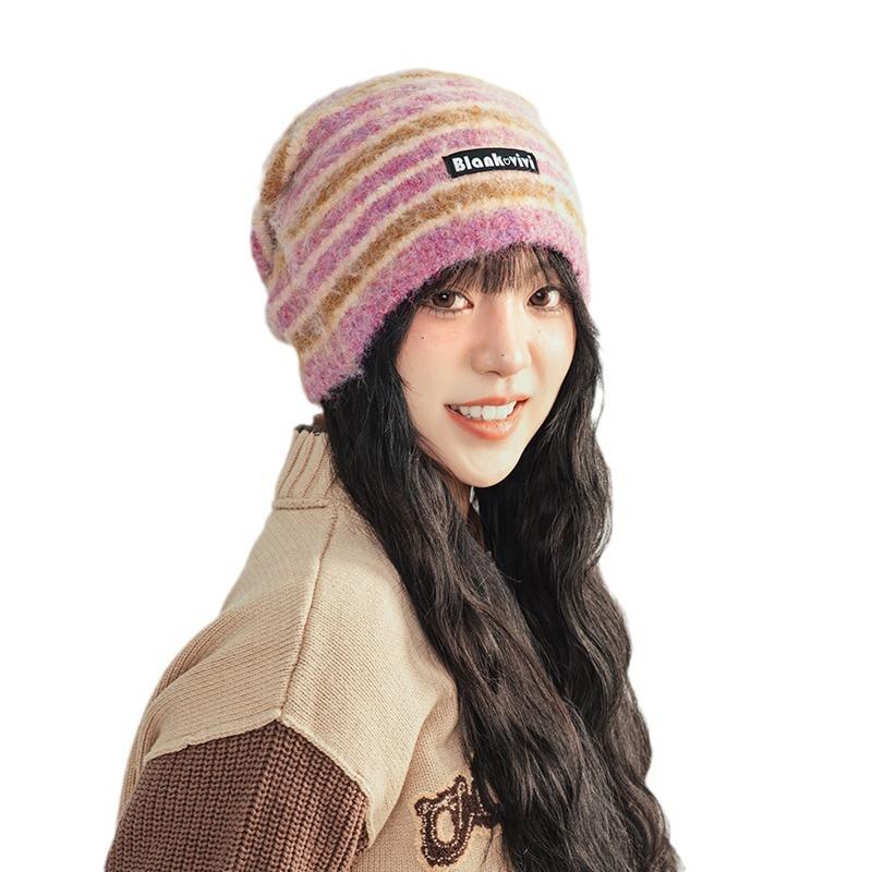 Retro Striped Plush Pile Hat Women's Autumn and Winter Warm Big Head Circumference Loose Cold Hat Showing Face Small Knitted Wool Hat